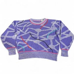 Vintage Purple‎ Geometric Knit Sweater, Abstract Retro Squiggle Pattern, Size S